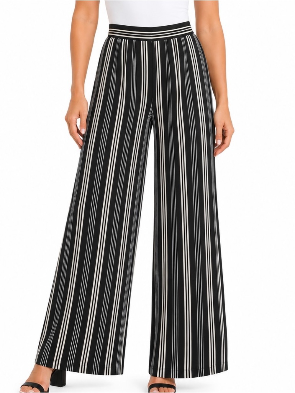 Goldie Women’s Medium Black White Striped Wide Leg Pull-On Pants 33” Inseam